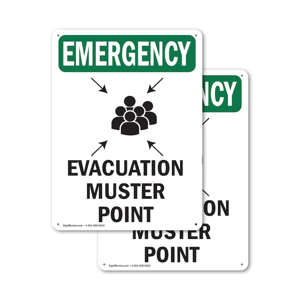 Signmission Evacuation Muster Point With Symbol, 7 in W x Rectangle, Plastic OS-2PACK-EM-P-710-V-10472 - main